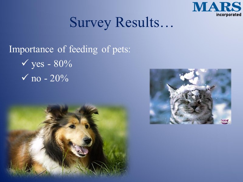 Survey Results… Importance of feeding of pets:  yes - 80%  no -